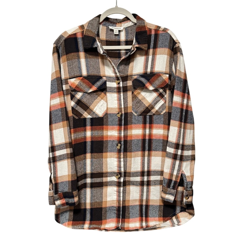 Womens Plaid Flannel Shirt Jacket BeachLoungeLunch Orange Brown White - Picture 13 of 13